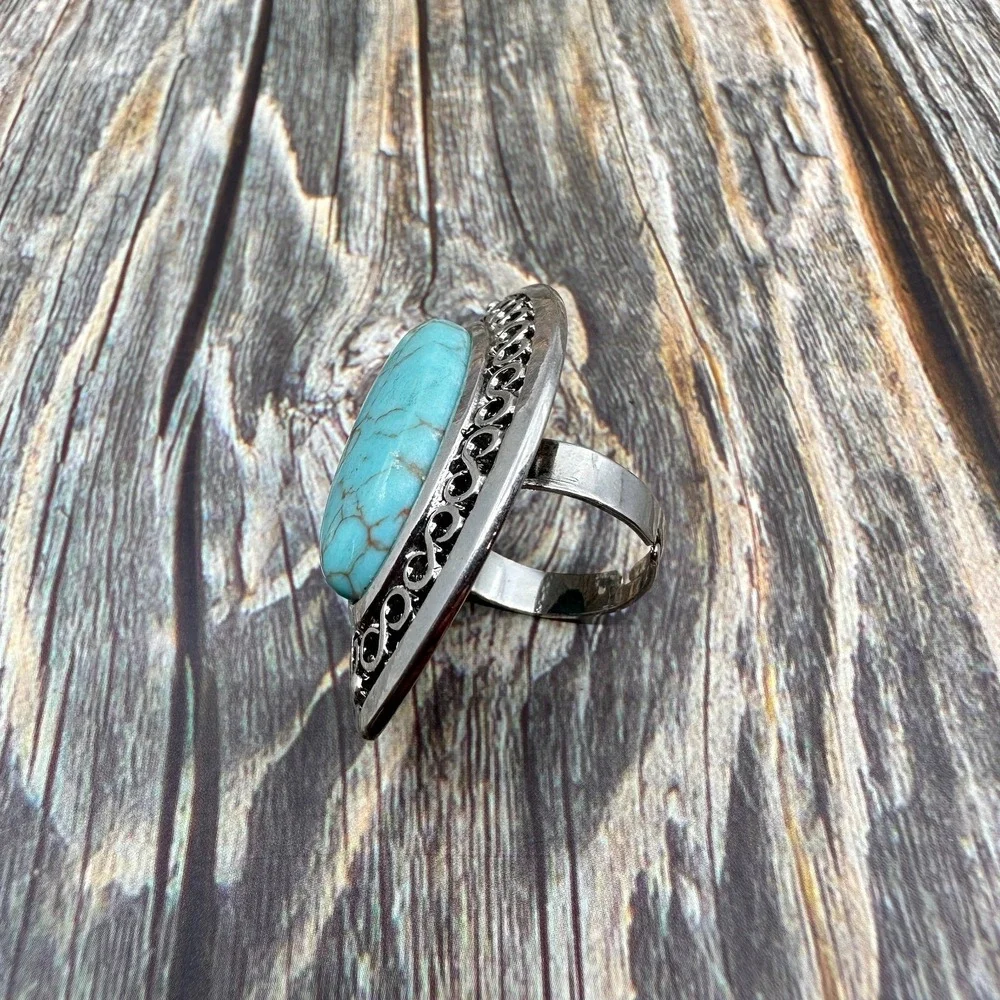 Boho Turquoise Oval Statement Ring Silver Tone Filigree Adjustable Vintage Gift